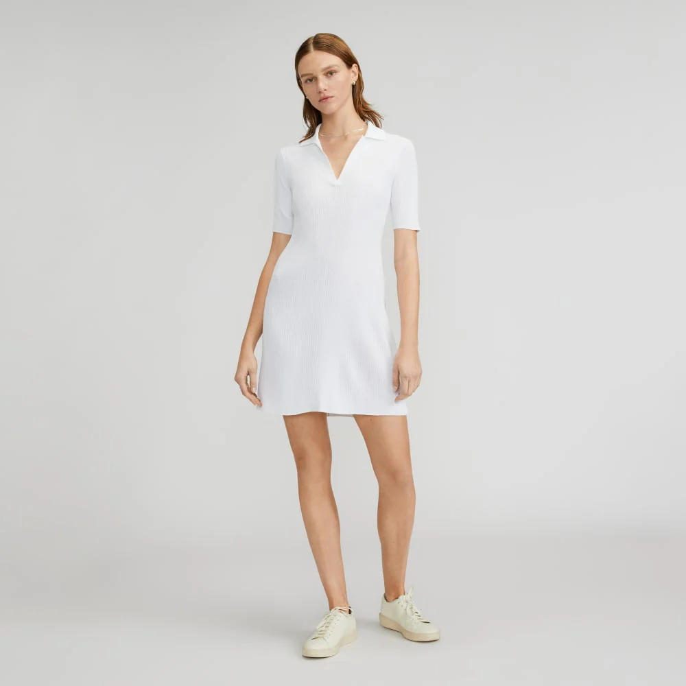 The Ribbed Short-Sleeve Polo Dress | White