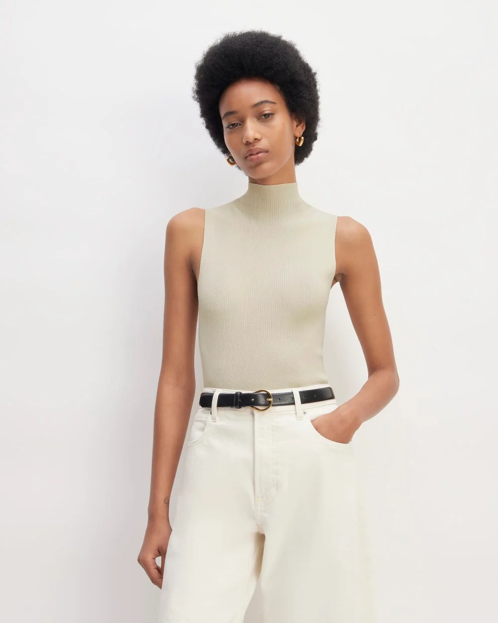 The Viscose Mock Neck Top | Beige