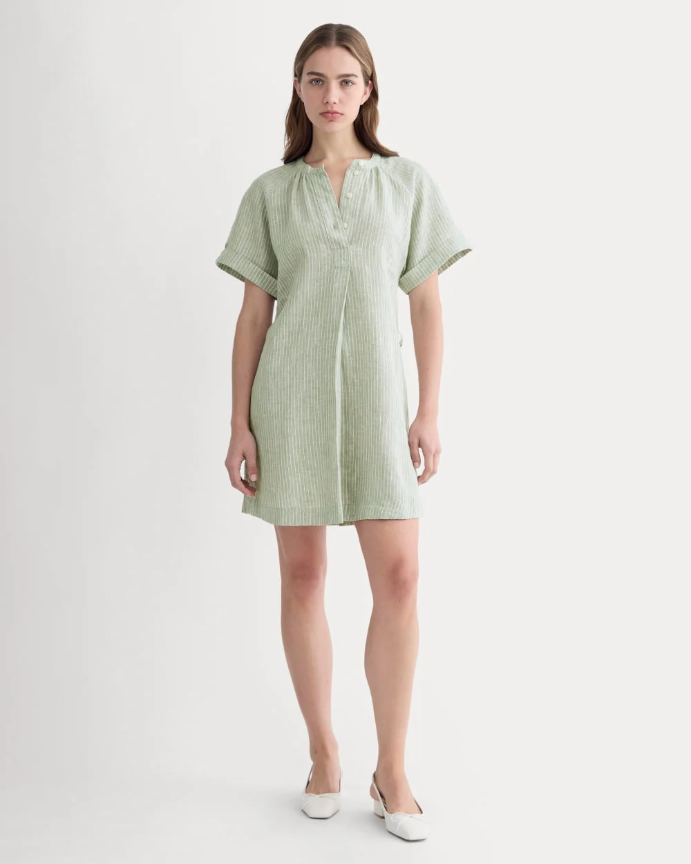 The Popover Dress in Linen | Oil Green / White