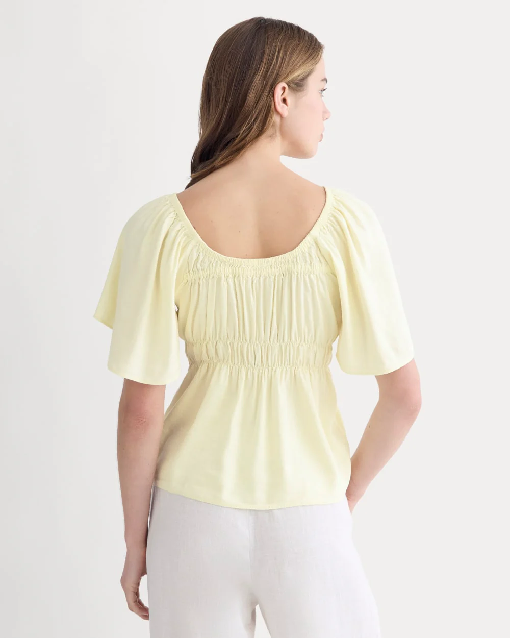 The Flutter-Sleeve Top in Stretch Linen | Light Yellow