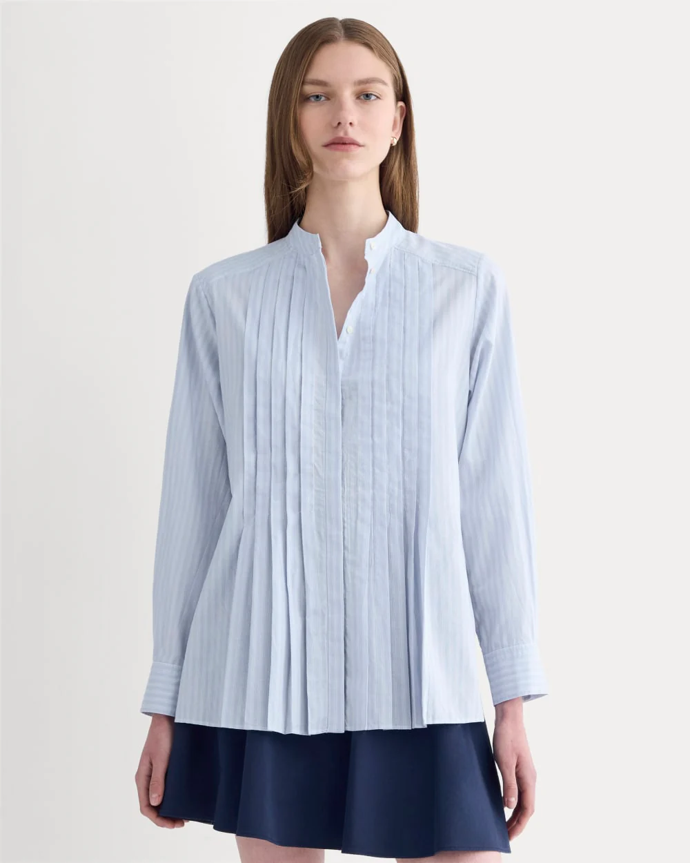 The Pleated Shirt in Silky Cotton | Forever Blue / Optic White