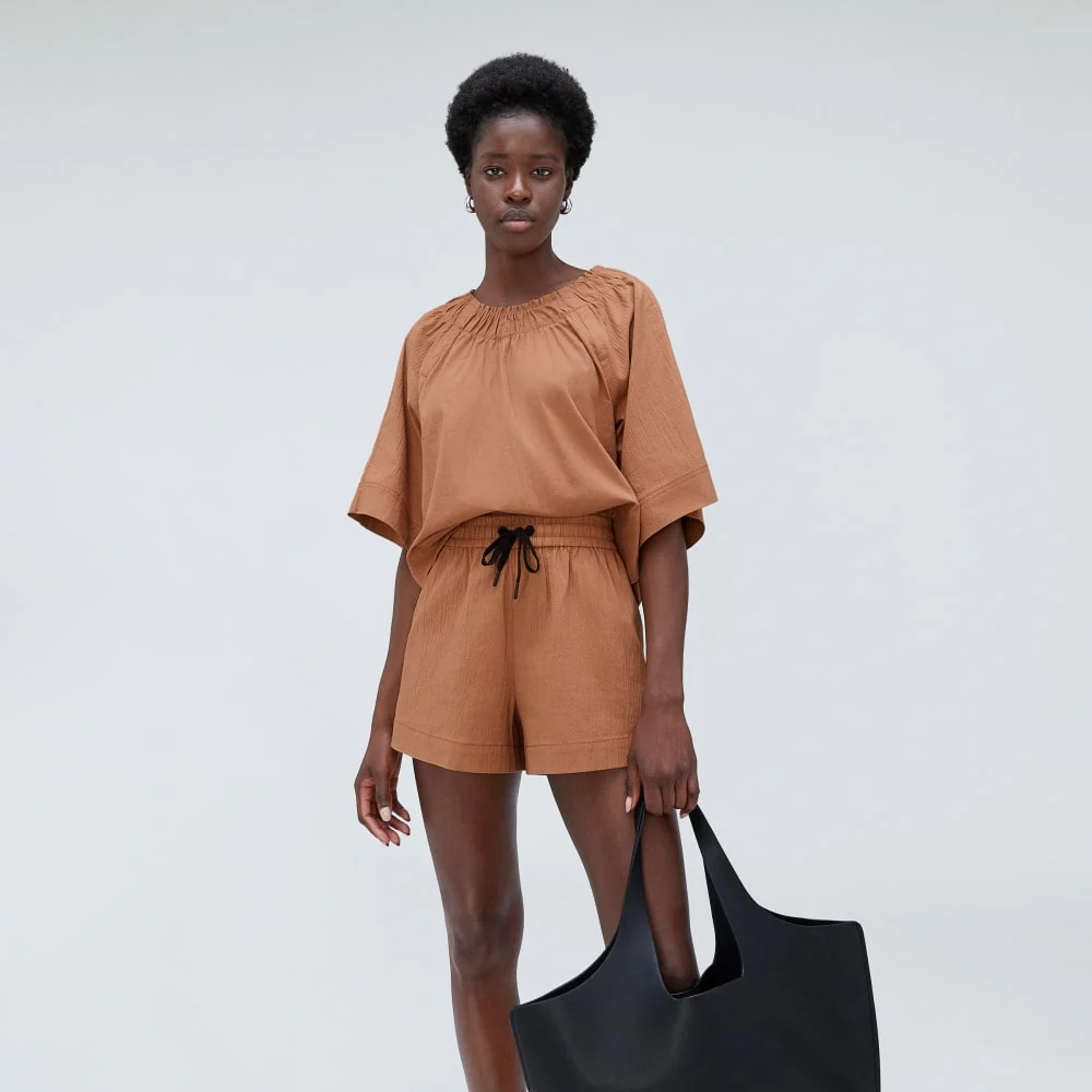 The Seersucker Gathered Tee | Tawny Brown