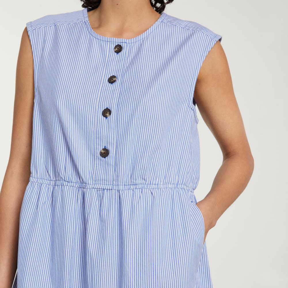 The Tiered Midi Dress | White / Blue Mini Stripe