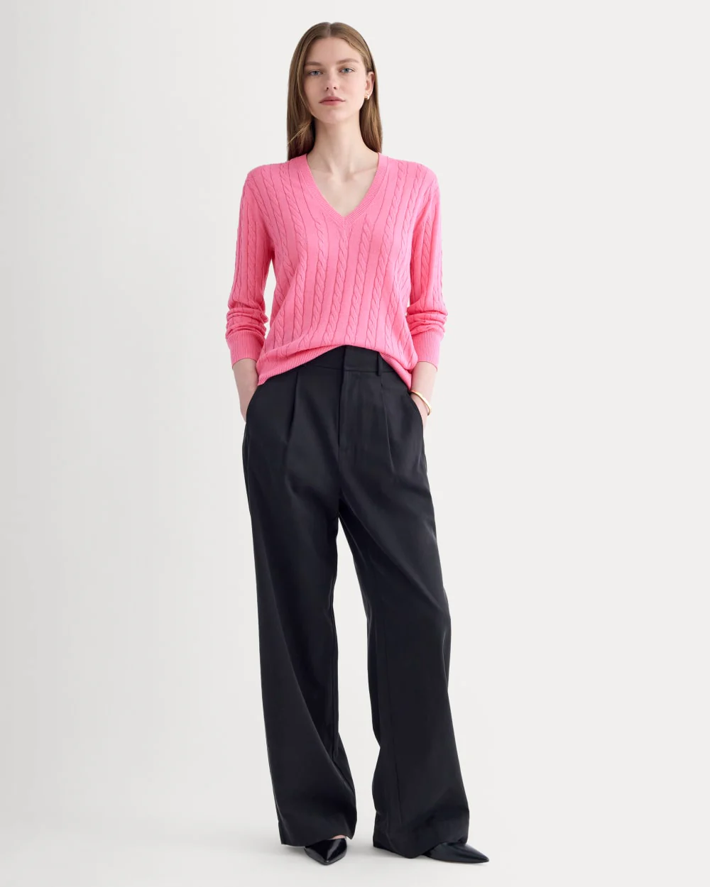 The Cable V-Neck in Cotton Cashmere | Deep Pink