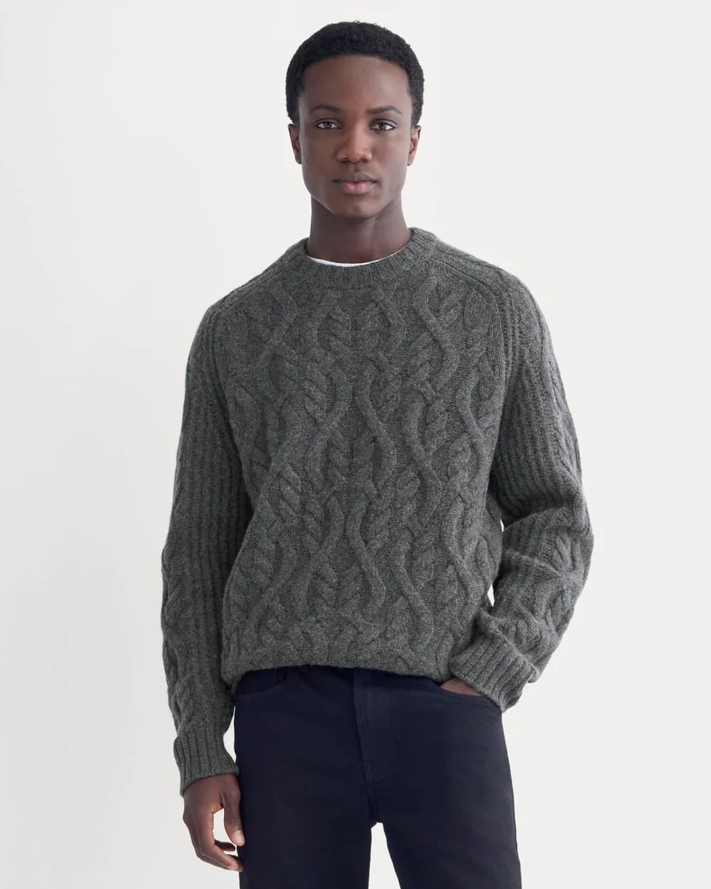 Cable Knit Crew in Luxe Merino | Heathered Soot