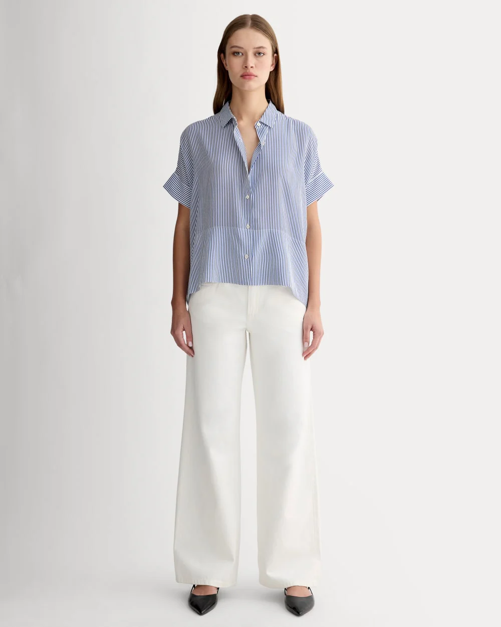 The Boxy Shirt in Washable Silk | Blue / White