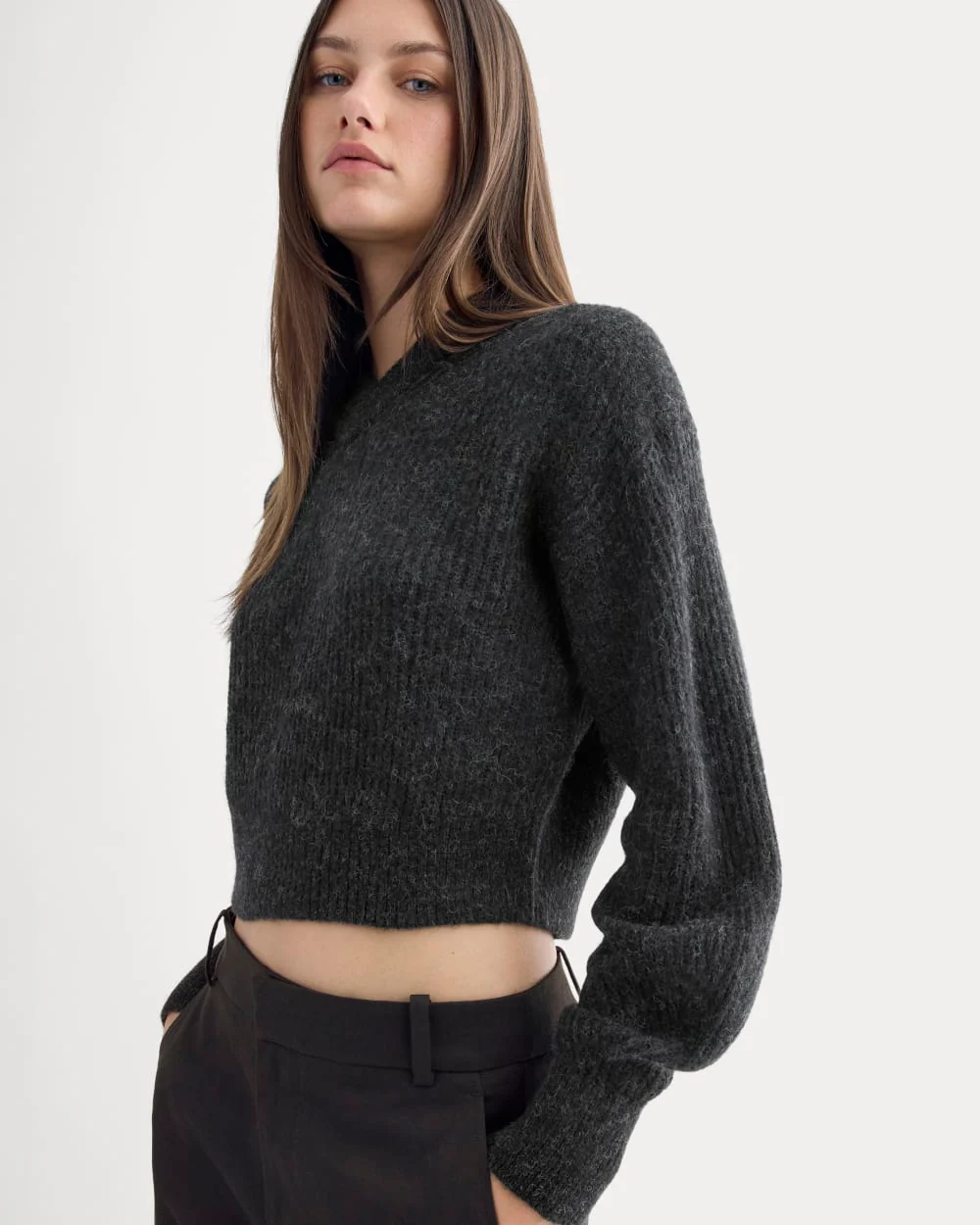 Cropped Cocoon Sweater in Alpaca | Heathered Black