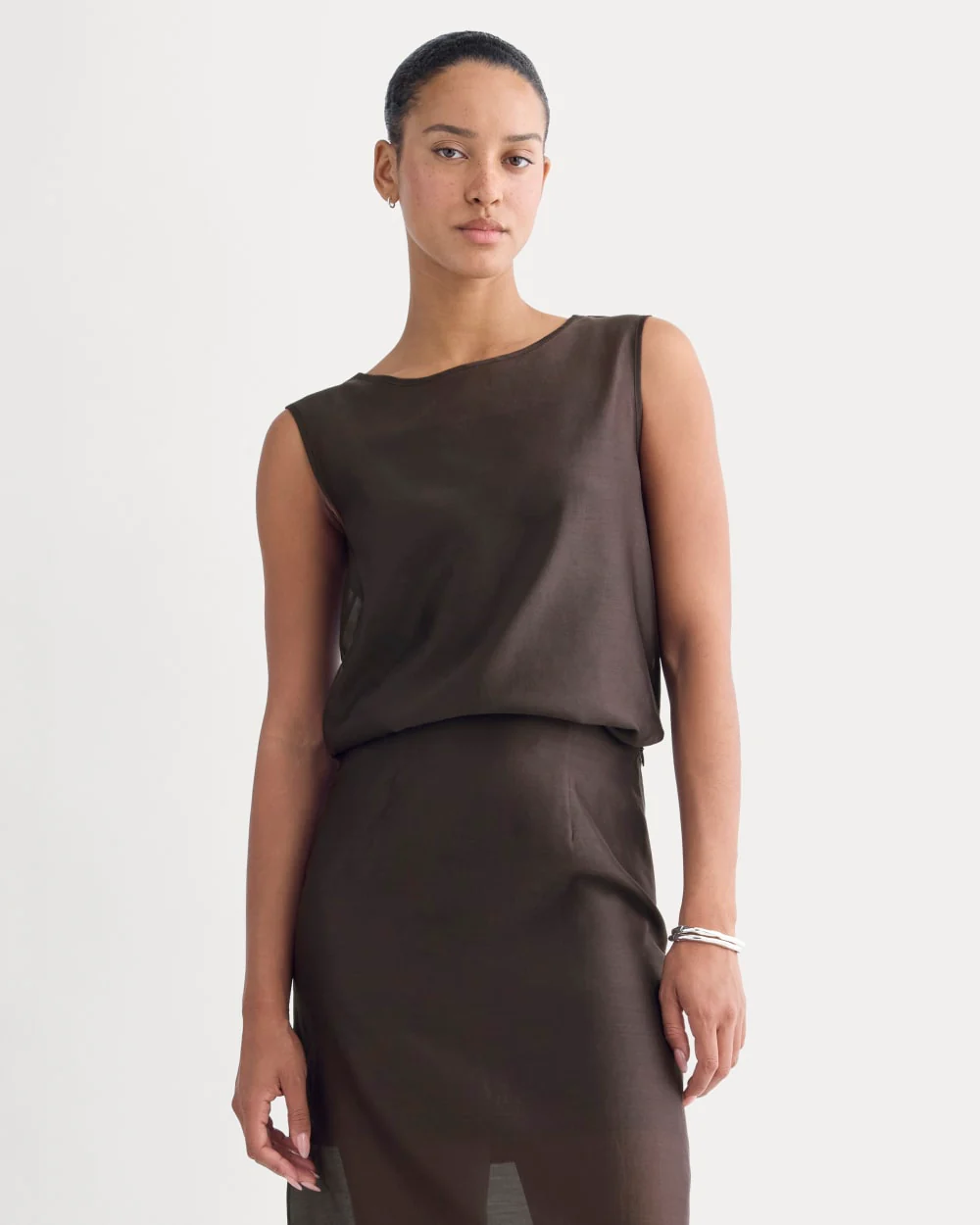 Sleeveless Top in Cotton-Silk Organza | Dark Chocolate