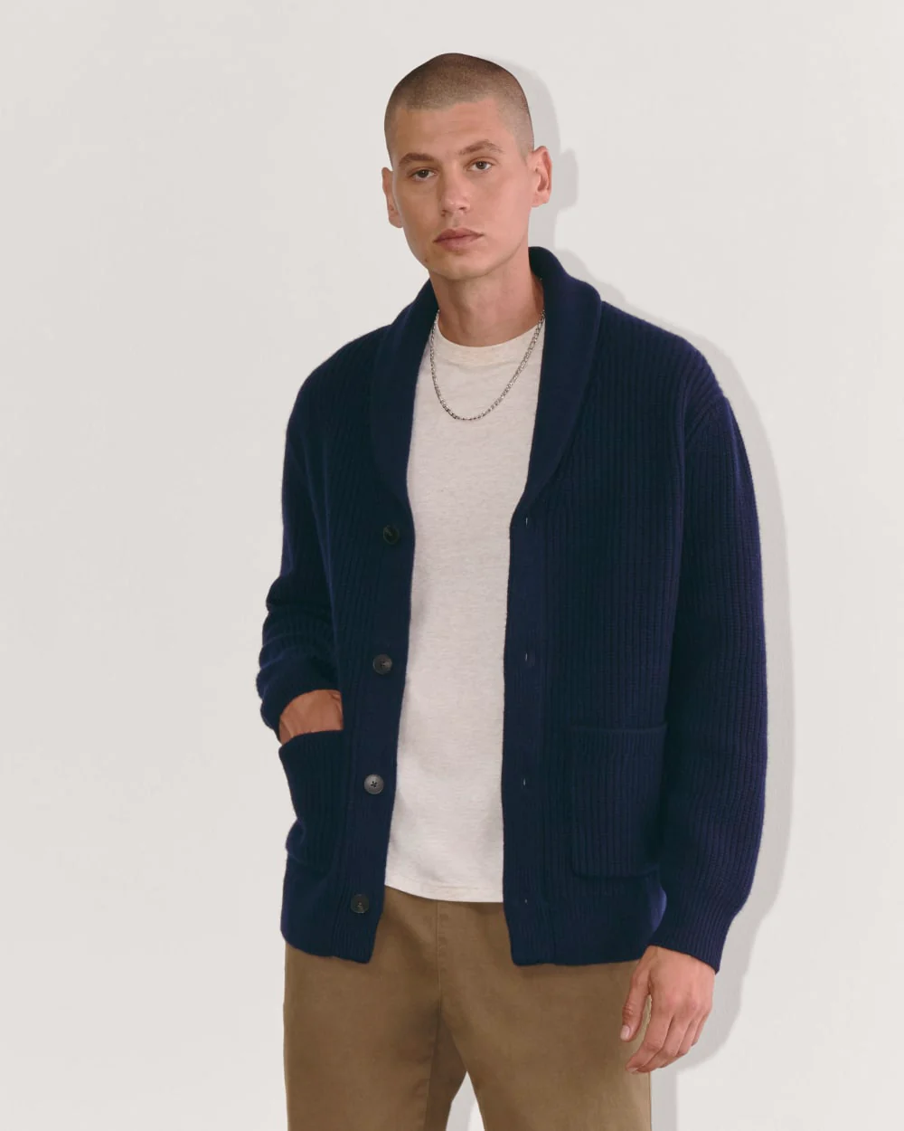 The Felted Merino Shawl Collar Cardigan | Deep Navy