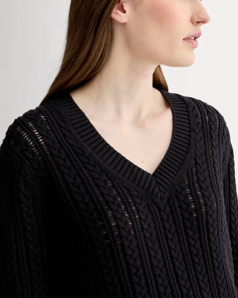 The Mesh Cable V-Neck in Everyday Cotton | Black