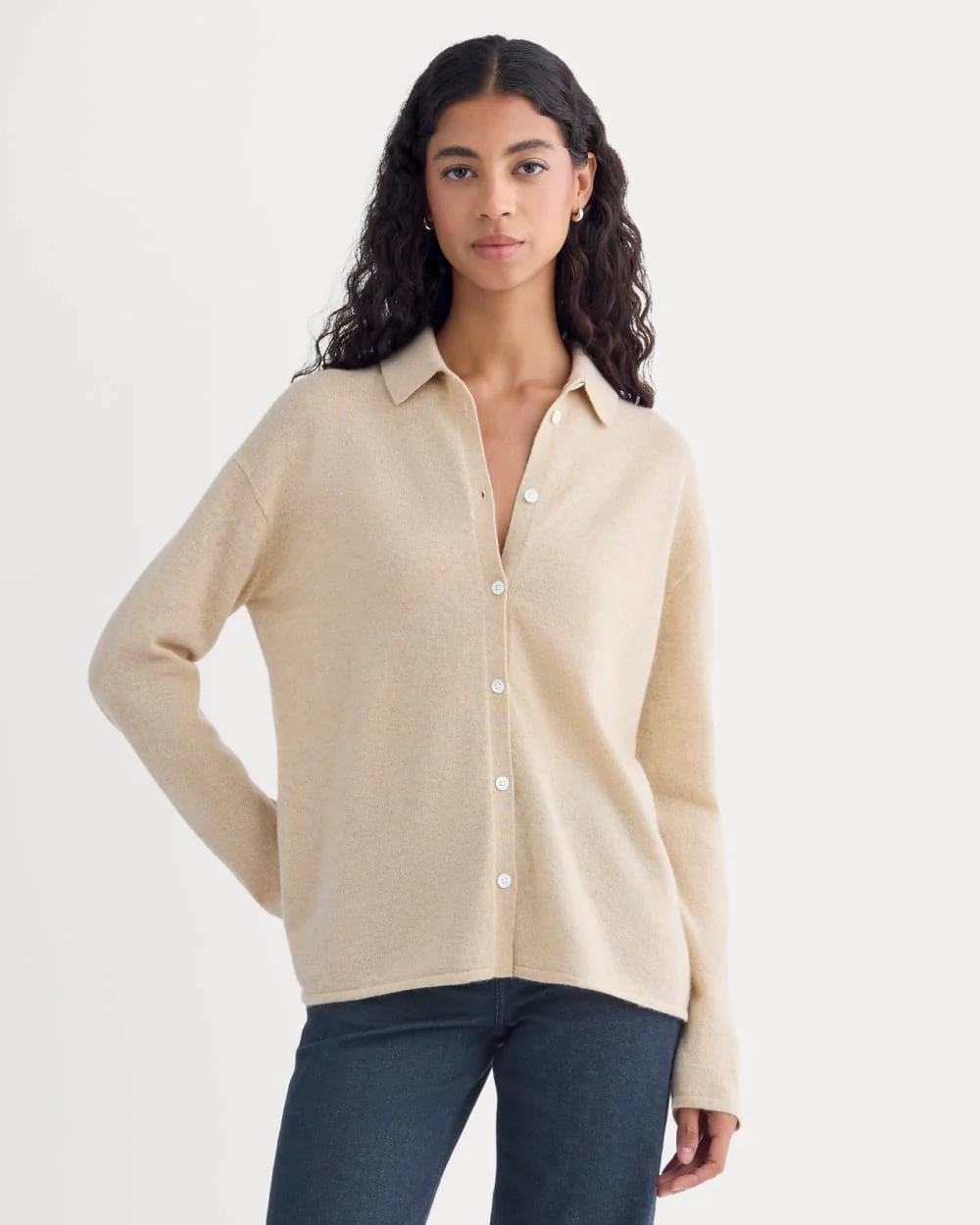 Cashmere Button-Up Shirt | Heather Light Camel