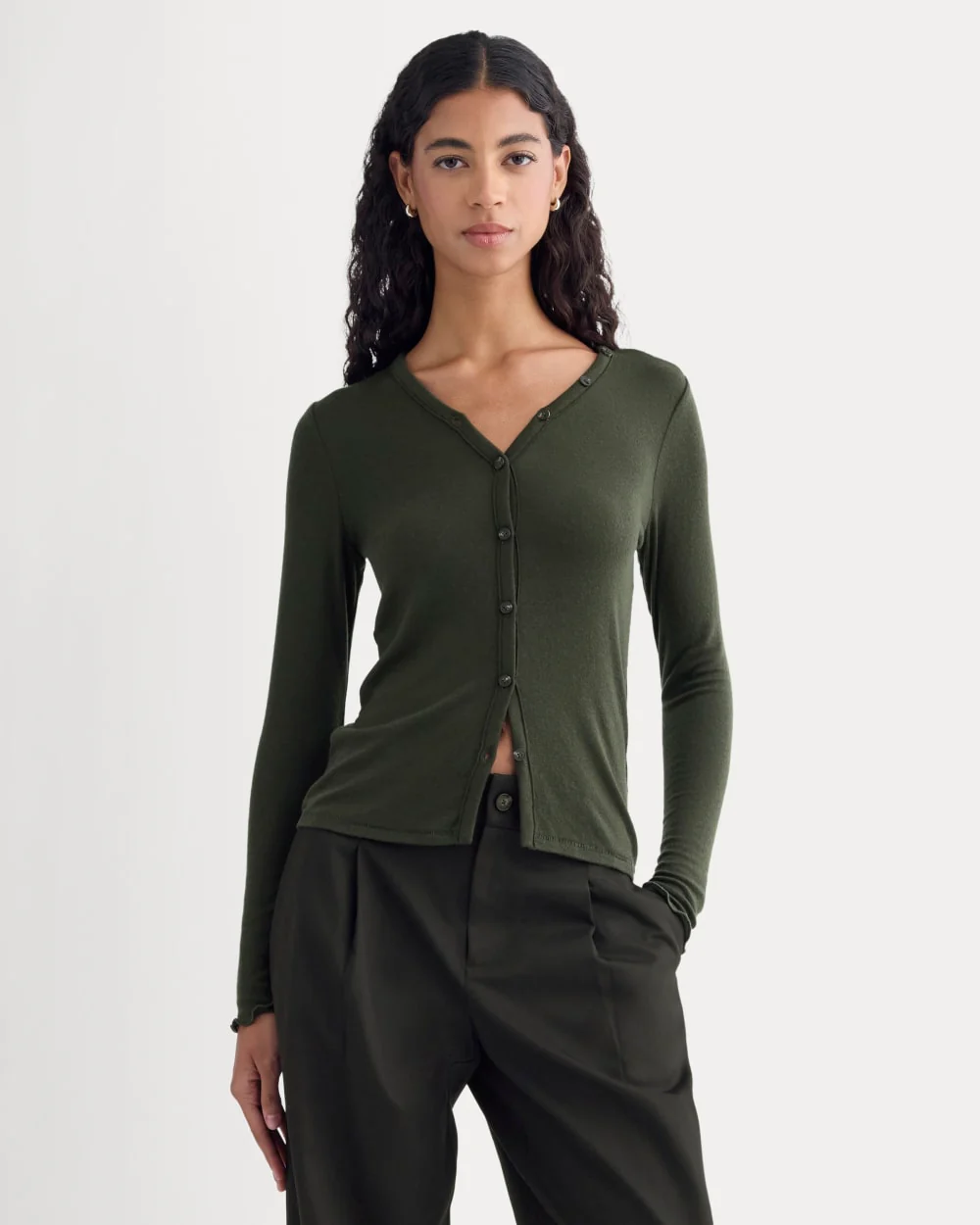 Sheer V-Neck Cardigan in Butterluxe | Dark Green