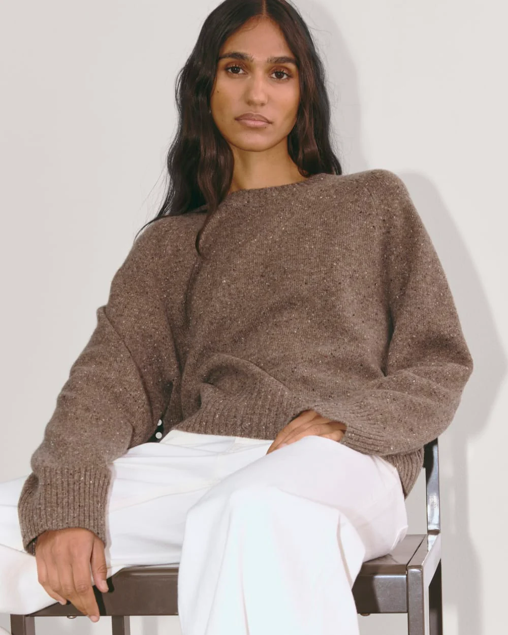 The Boxy Crew in Cashmere | Taupe Brown Donegal