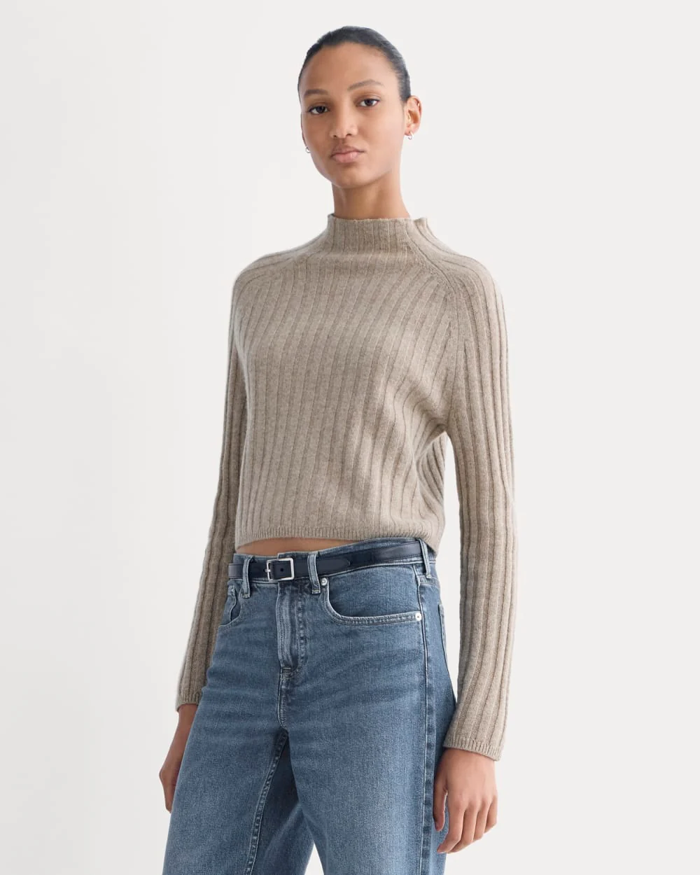 Funnel-Neck Cropped Sweater in Wool Cashmere | Oatmeal