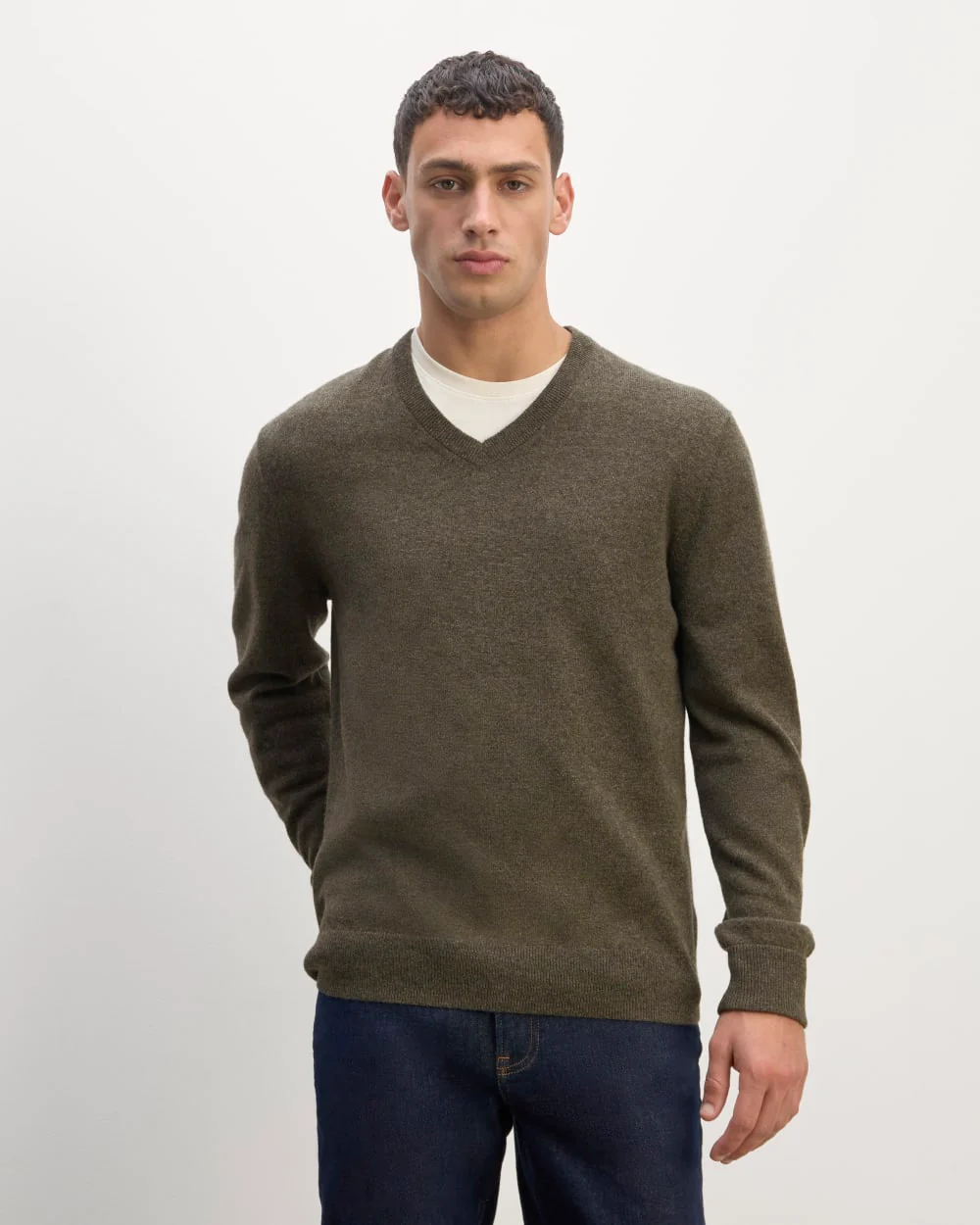 The Cashmere V-Neck Sweater | Heathered Army Green