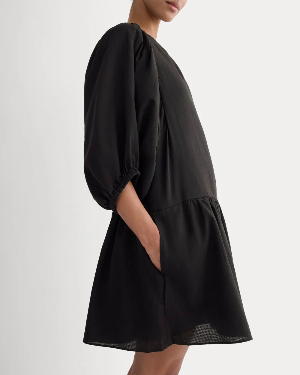 The Gauze Puff-Sleeve Mini Dress | Black