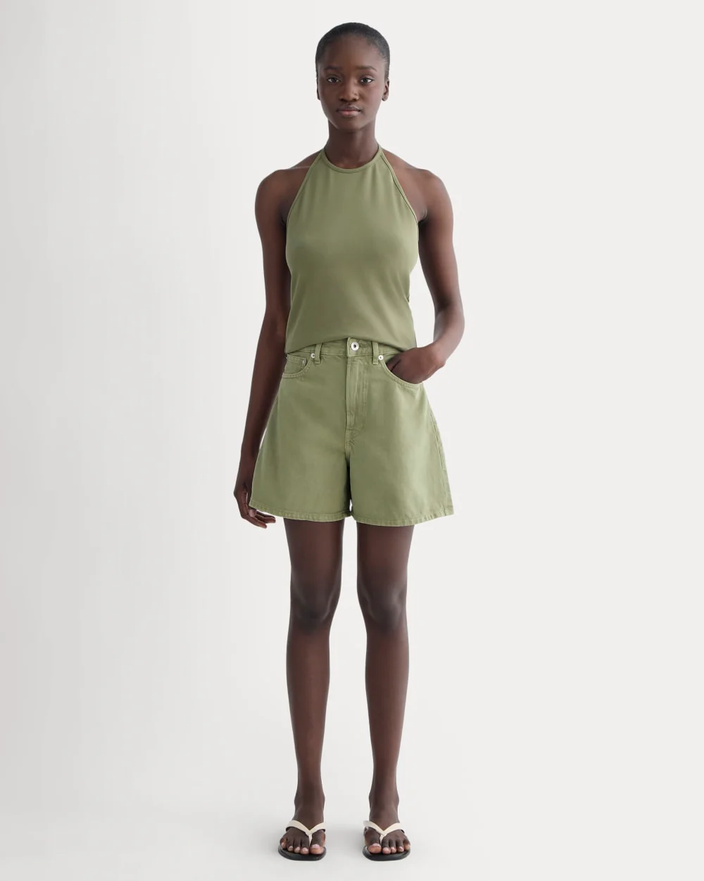 The A-Line Denim Short | Neutral Oil Green