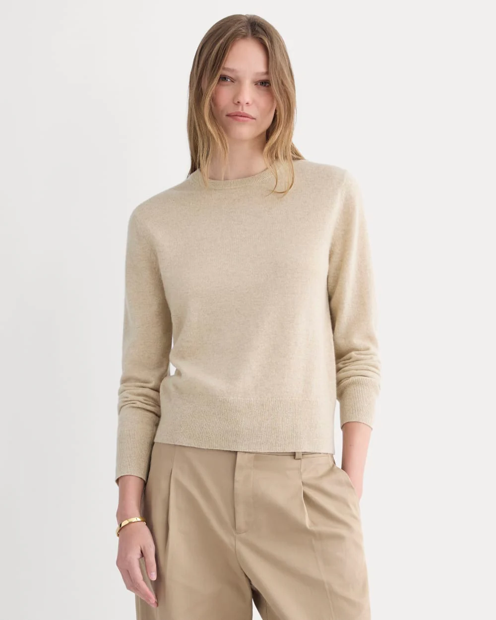 Cashmere Slim Crew Sweater | Heather Light Camel