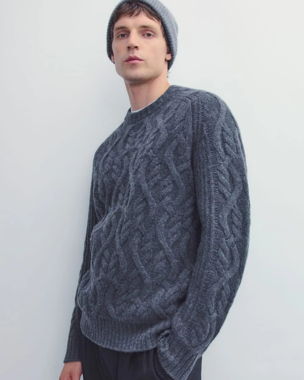 Cable Knit Crew in Luxe Merino | Heather Midnight Navy
