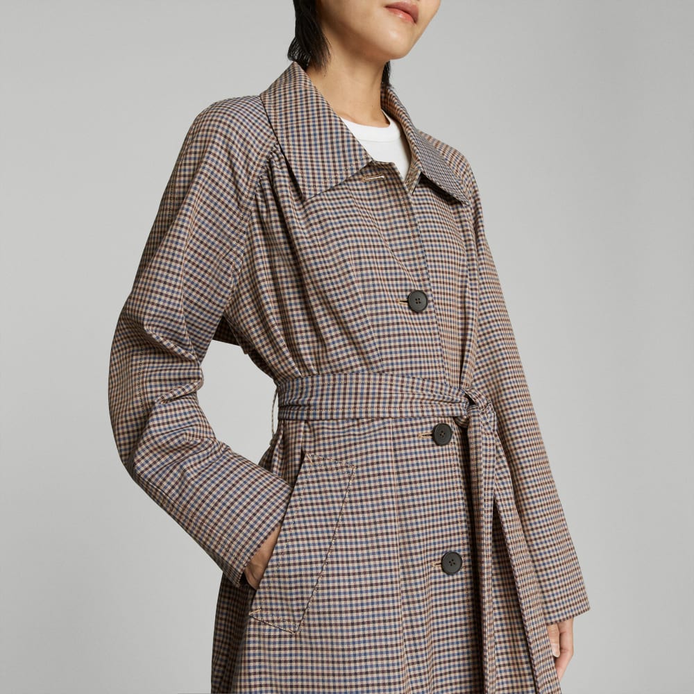 The Gathered Drape Trench | Blue / Brown Houndstooth