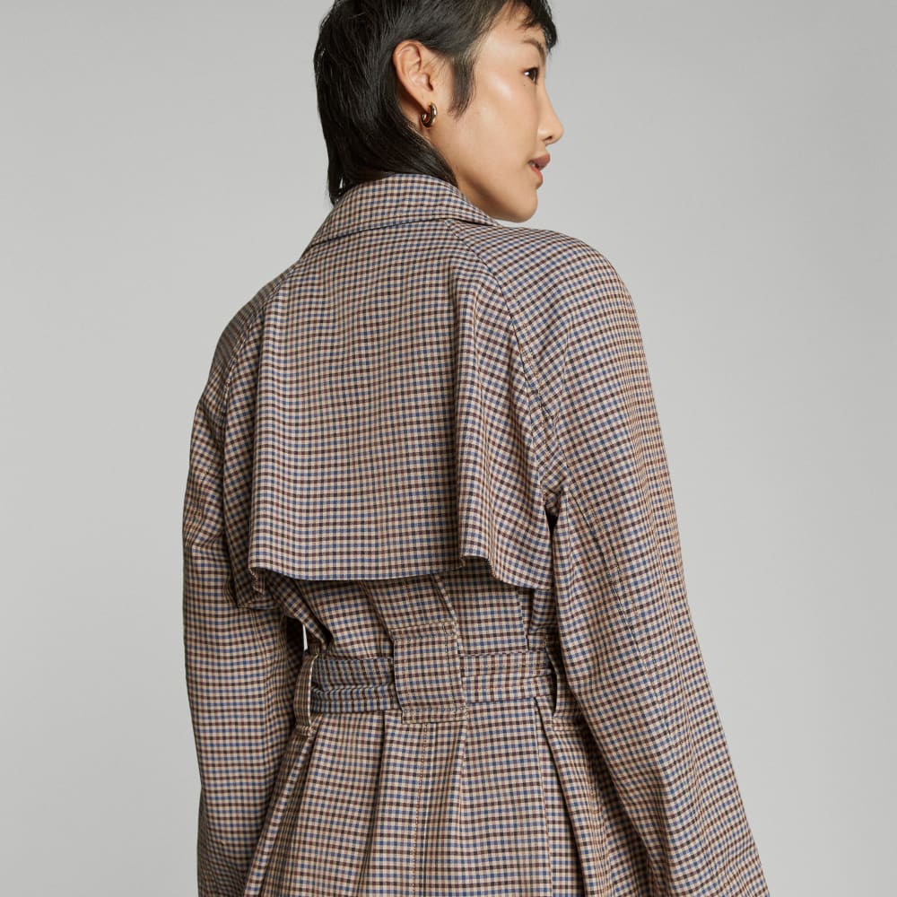 The Gathered Drape Trench | Blue / Brown Houndstooth