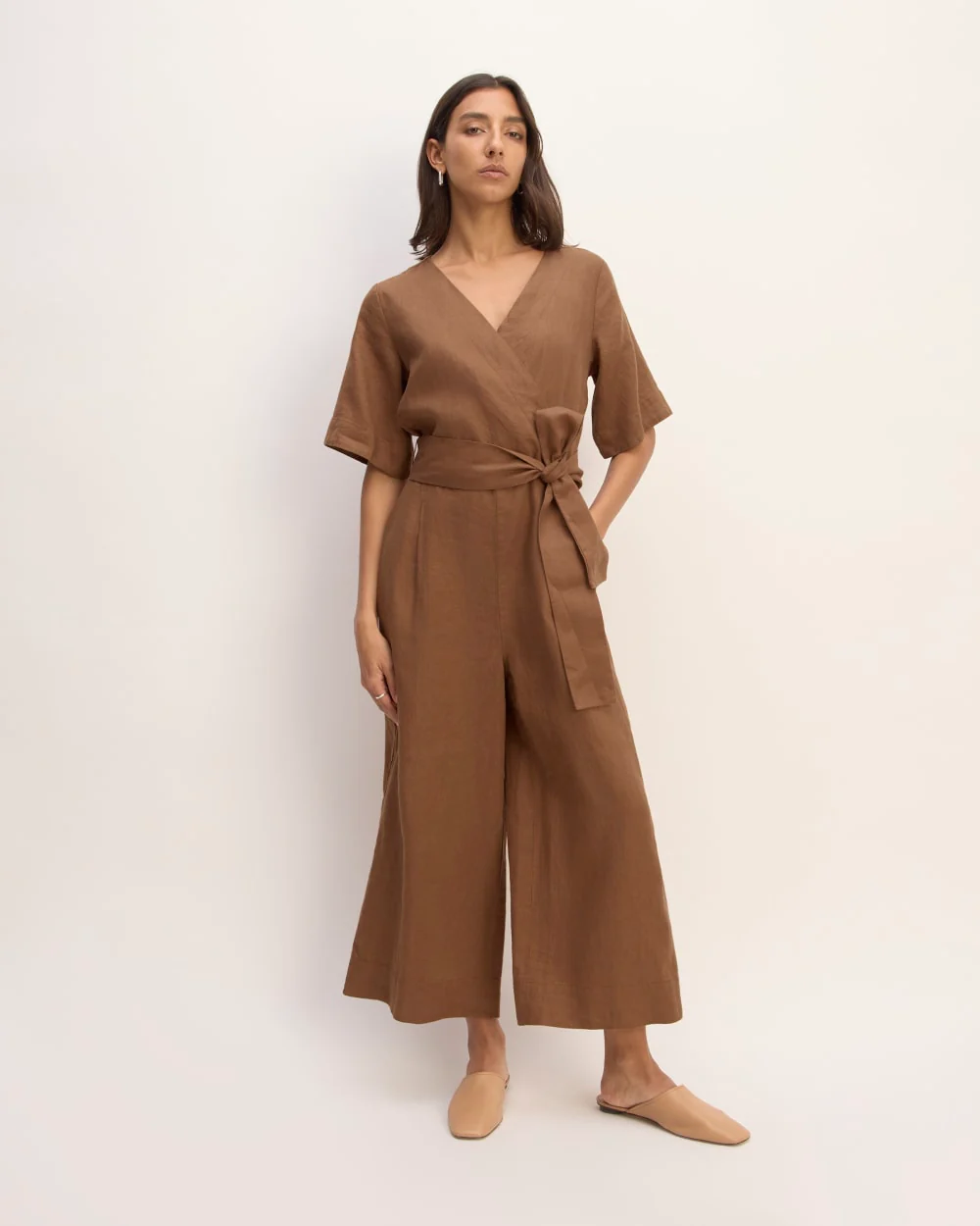 The Wrap Jumpsuit in Linen | Carob Brown
