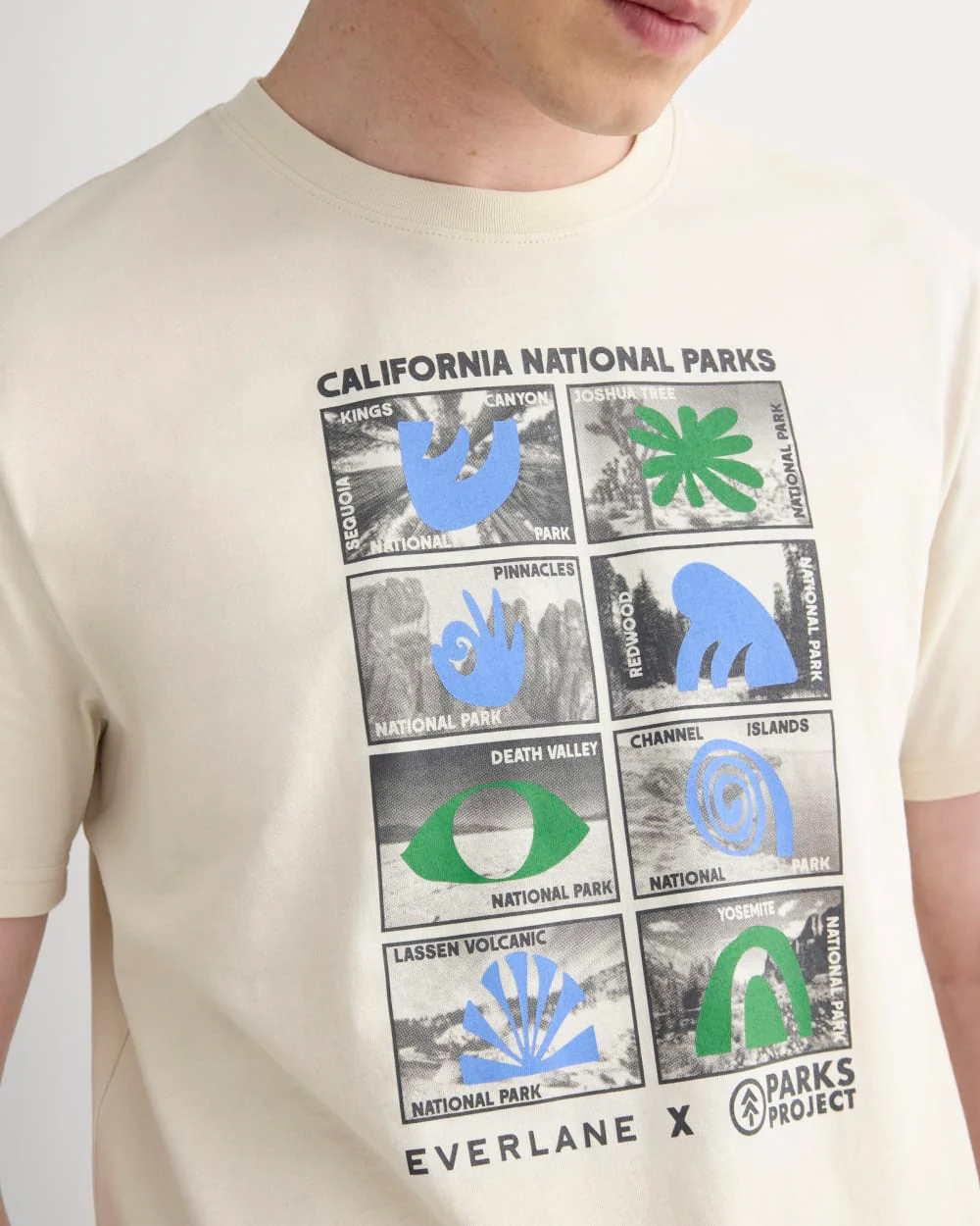 The Everlane x Parks Project Essential Organic Crew | Forged Iron / Birch / Granada Sky Blue / Green