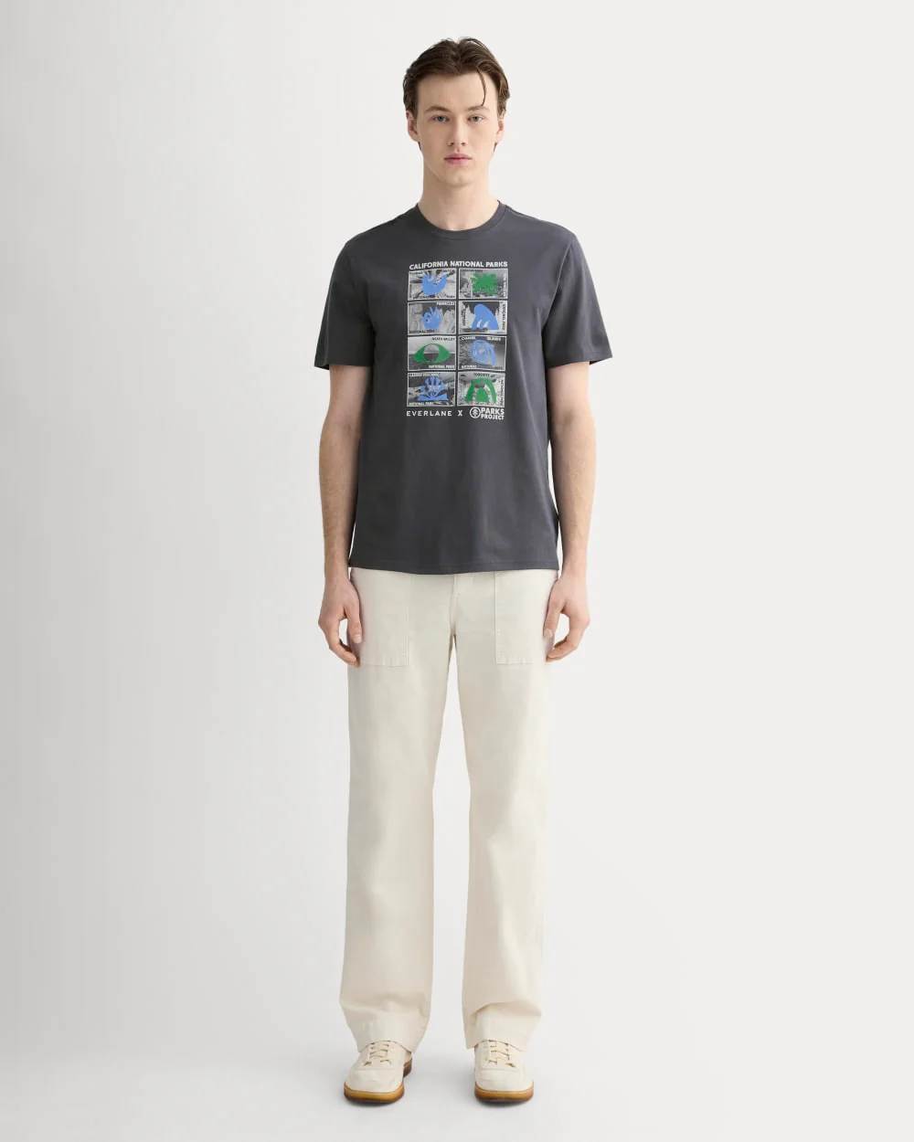 The Everlane x Parks Project Essential Organic Crew | Forged Iron / Natural / Granada Sky Blue / Green