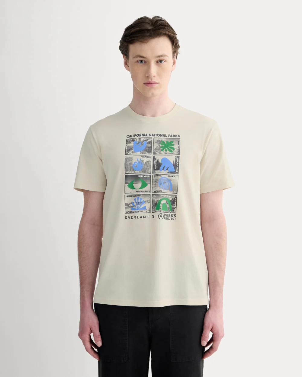 The Everlane x Parks Project Essential Organic Crew | Forged Iron / Birch / Granada Sky Blue / Green