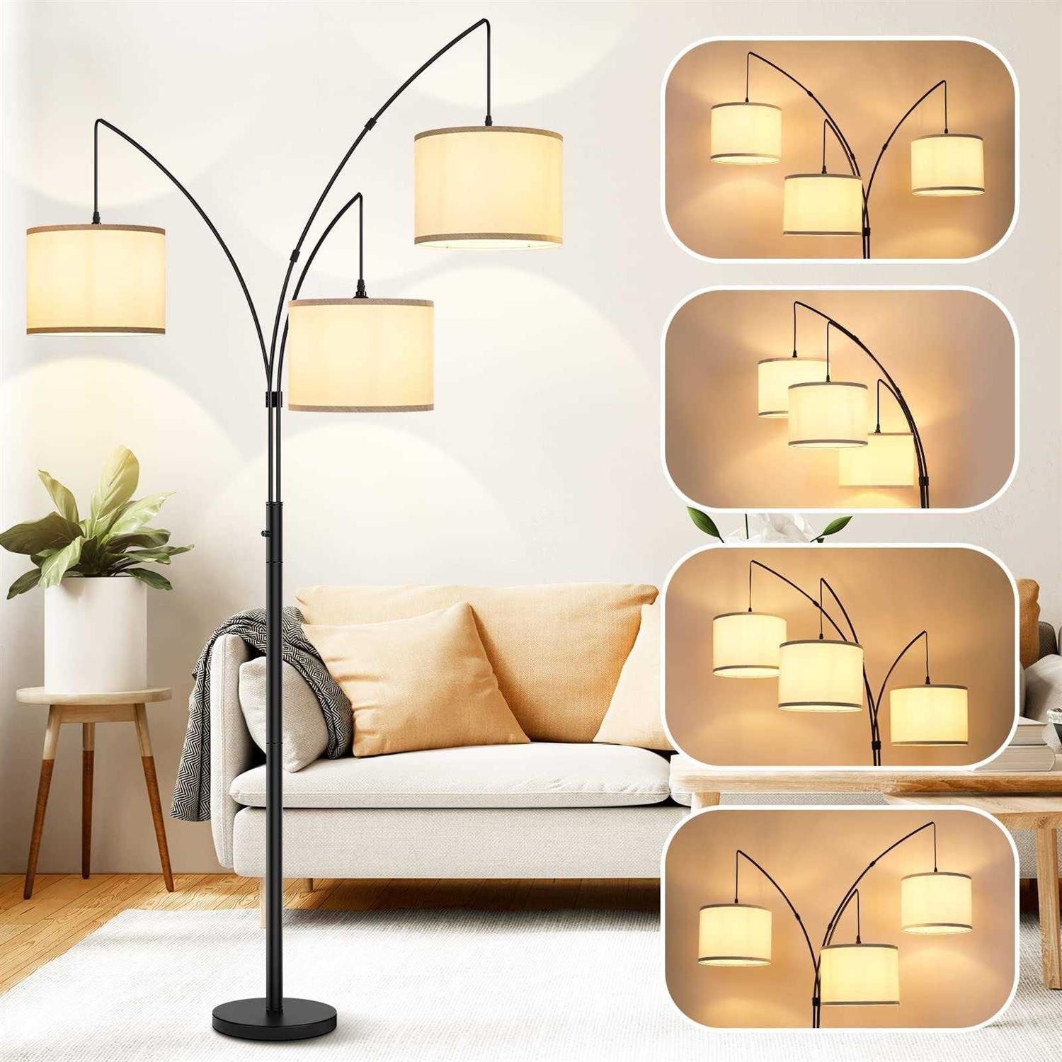 3 Lights Arc Floor Lamps for Living Room,Modern Tall Standing Lamp Hanging Over The Couch with Shades & Heavy Base,Mid Century