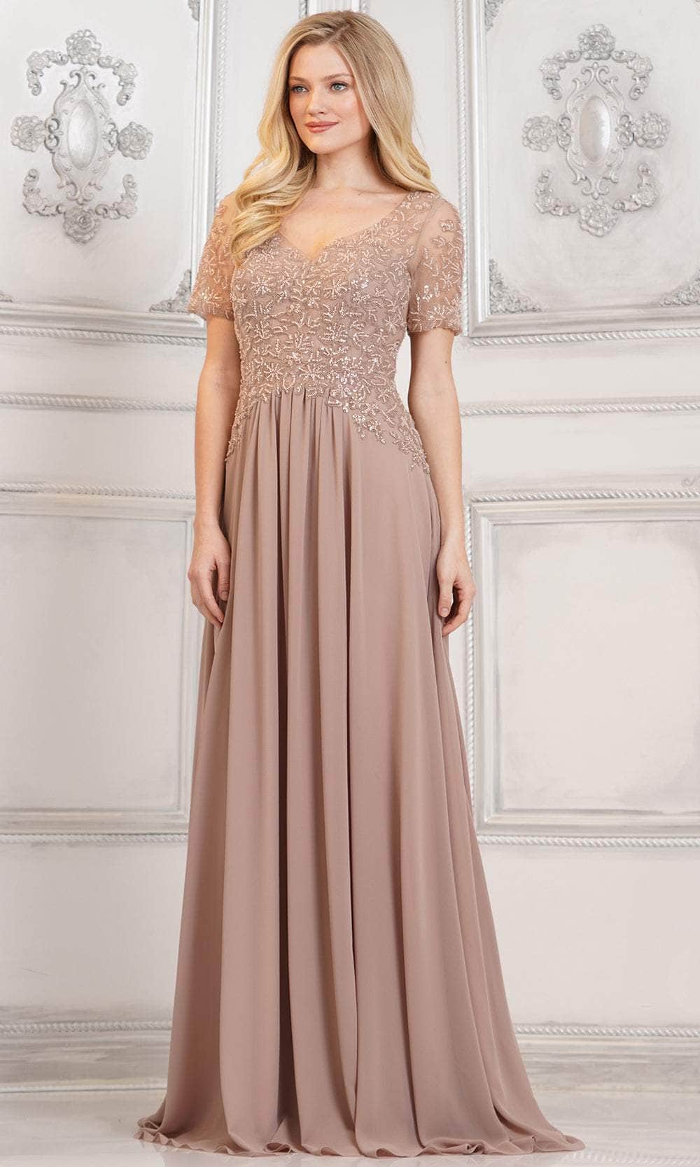 Beaded Appliqued V-Neck Formal Gown