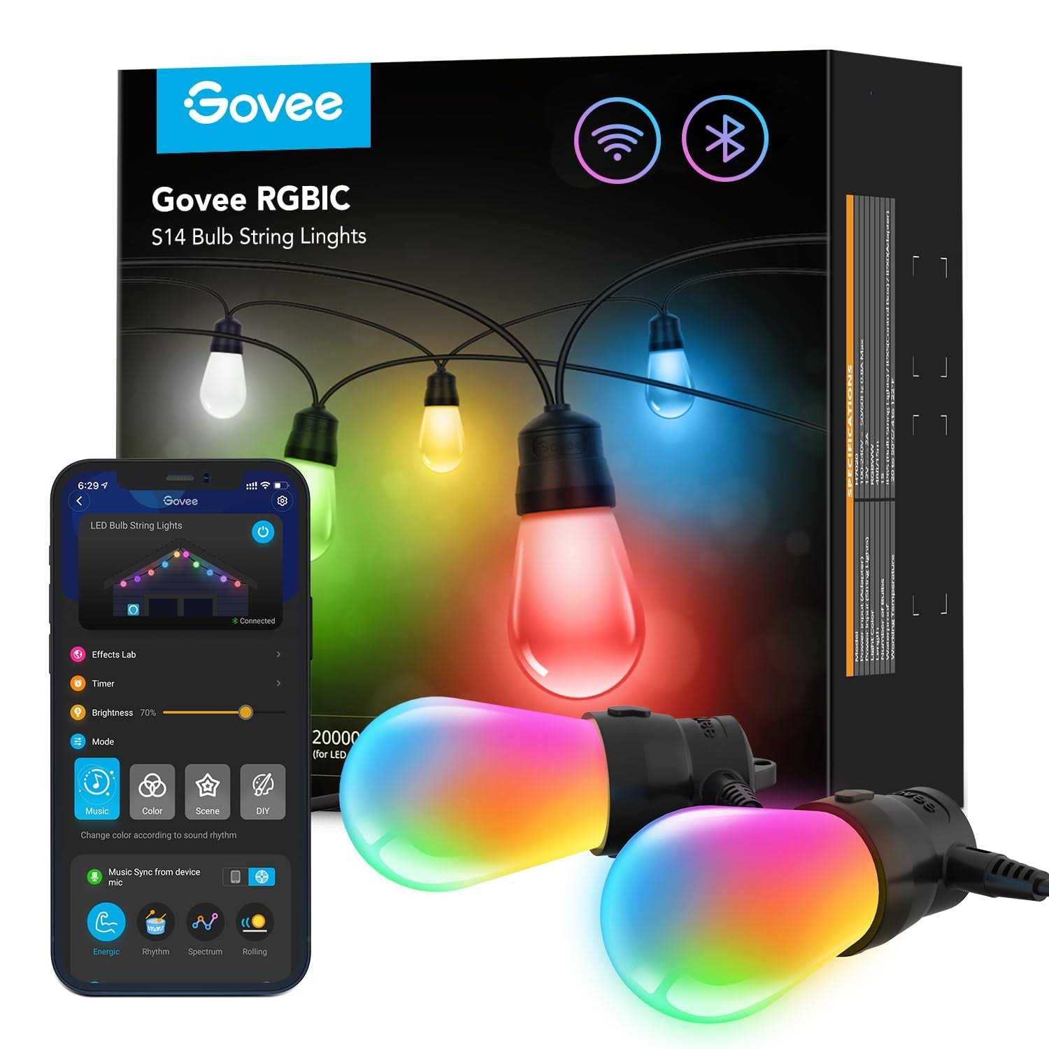 96ft Govee Smart Outdoor String Lights with RGBIC Warm White LED Bulbs