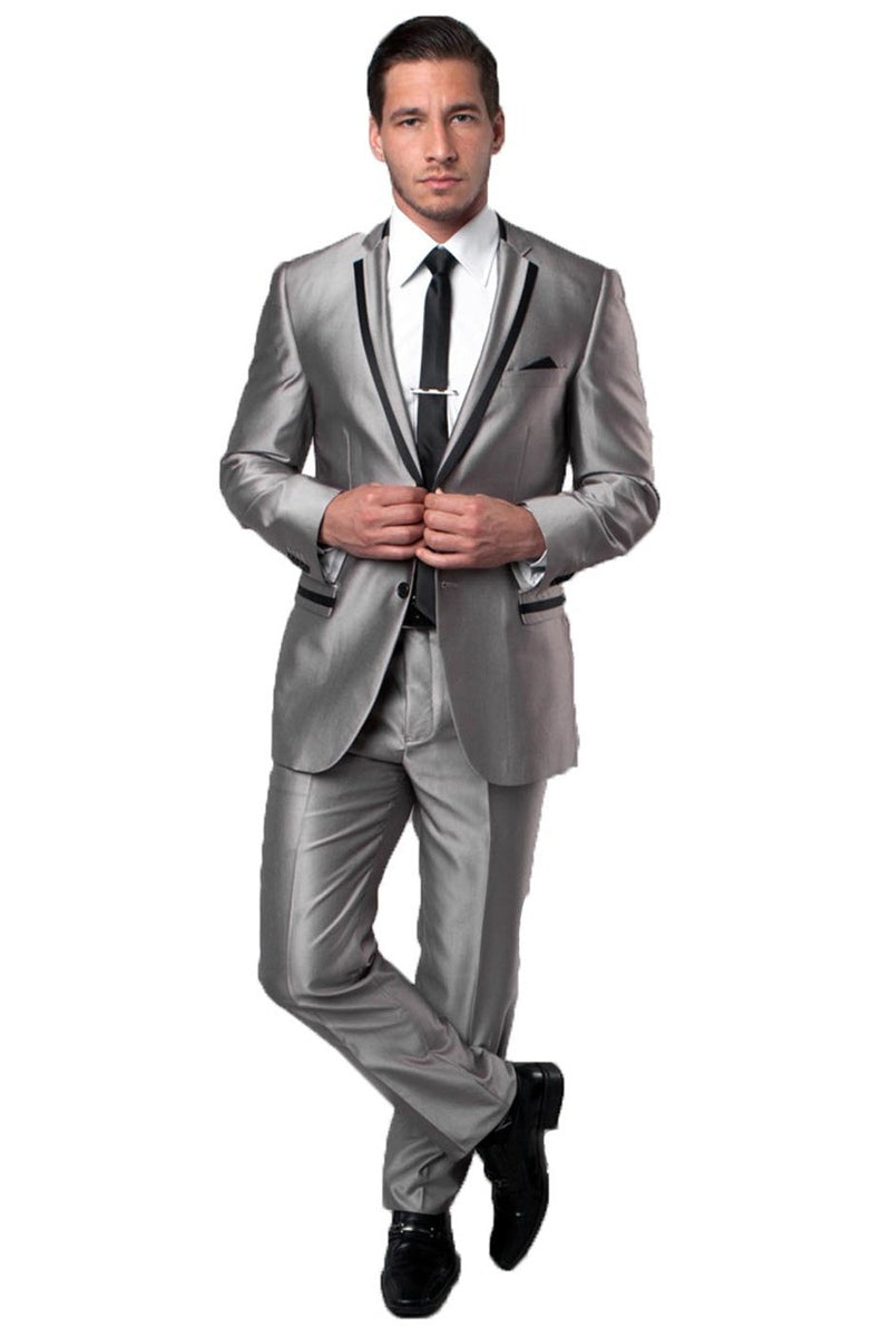 Men’s Two Button Slim Fit Wedding & Prom Tuxedo Suit in Shiny Silver Sharkskin with Black Piping
