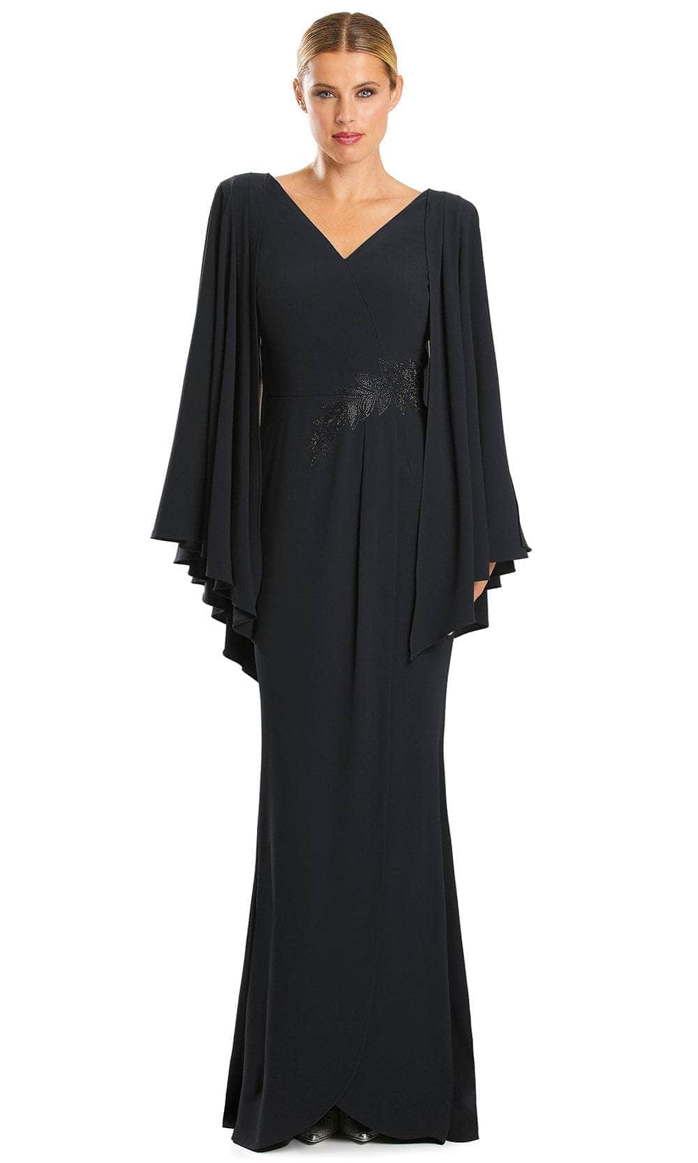 V-Neck Long Pleated Sleeve Evening Dress