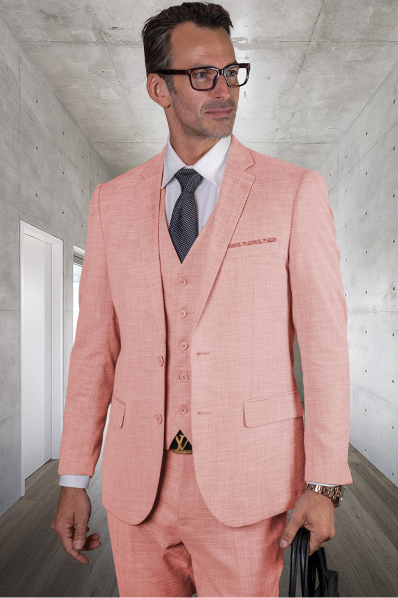 Men’s Designer Modern Fit Vested Wool Sharkskin Suit in Pink