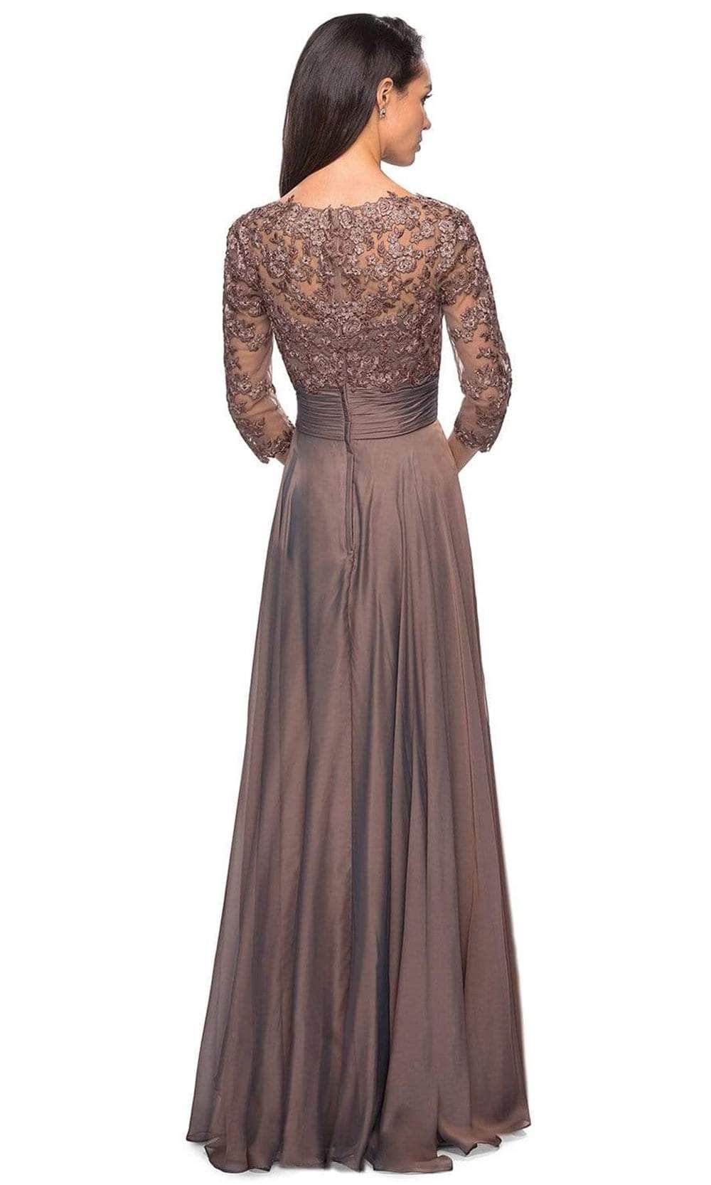 27153 Sheer Lace Quarter Sleeves Empire Waist Chiffon Gown