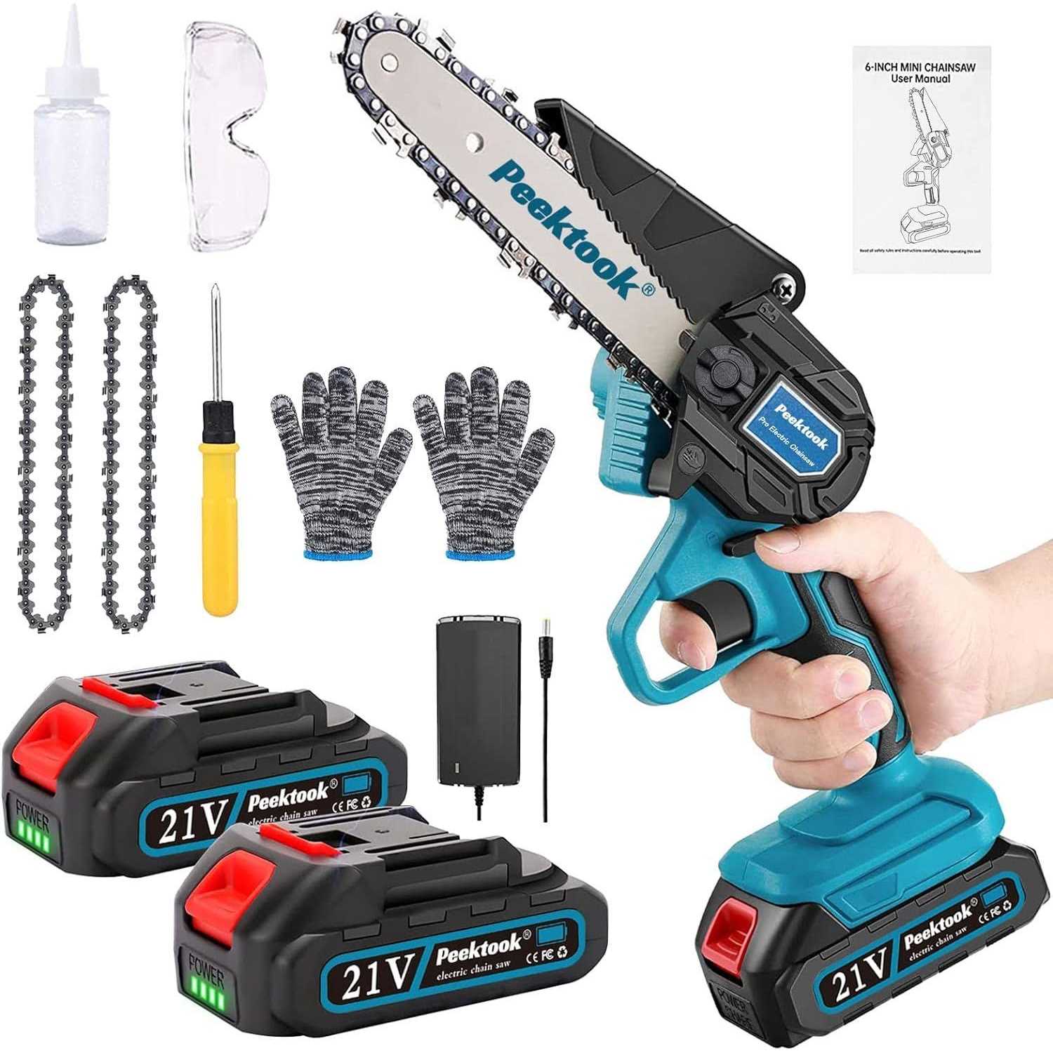 6-Inch Mini Chainsaw Peektook Electric Chainsaw Cordless Chain Saw with 2 Large