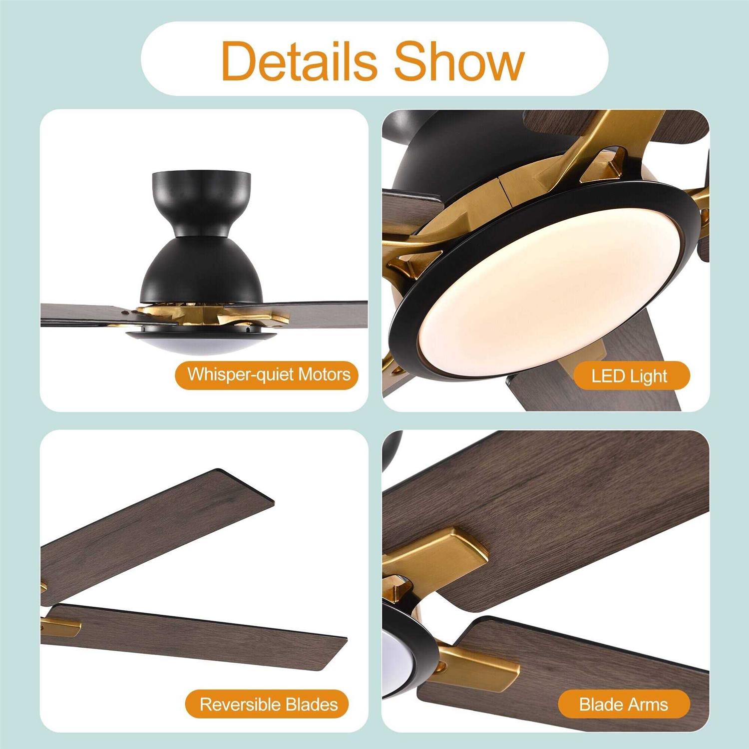 ZEYU 52 inch 5 Blade Flush Mount Ceiling Fan with LED Light Remote