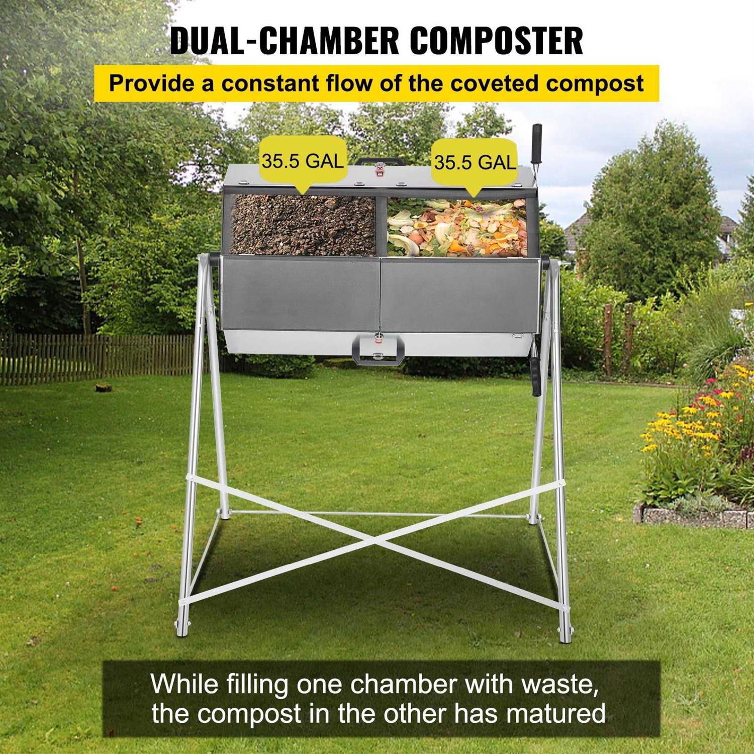 VEVOR Compost Tumbler Rustproof Stainless Steel Dual-Chamber Garden Composter Heavy-Duty All-Season Outdoor Compost Bin
