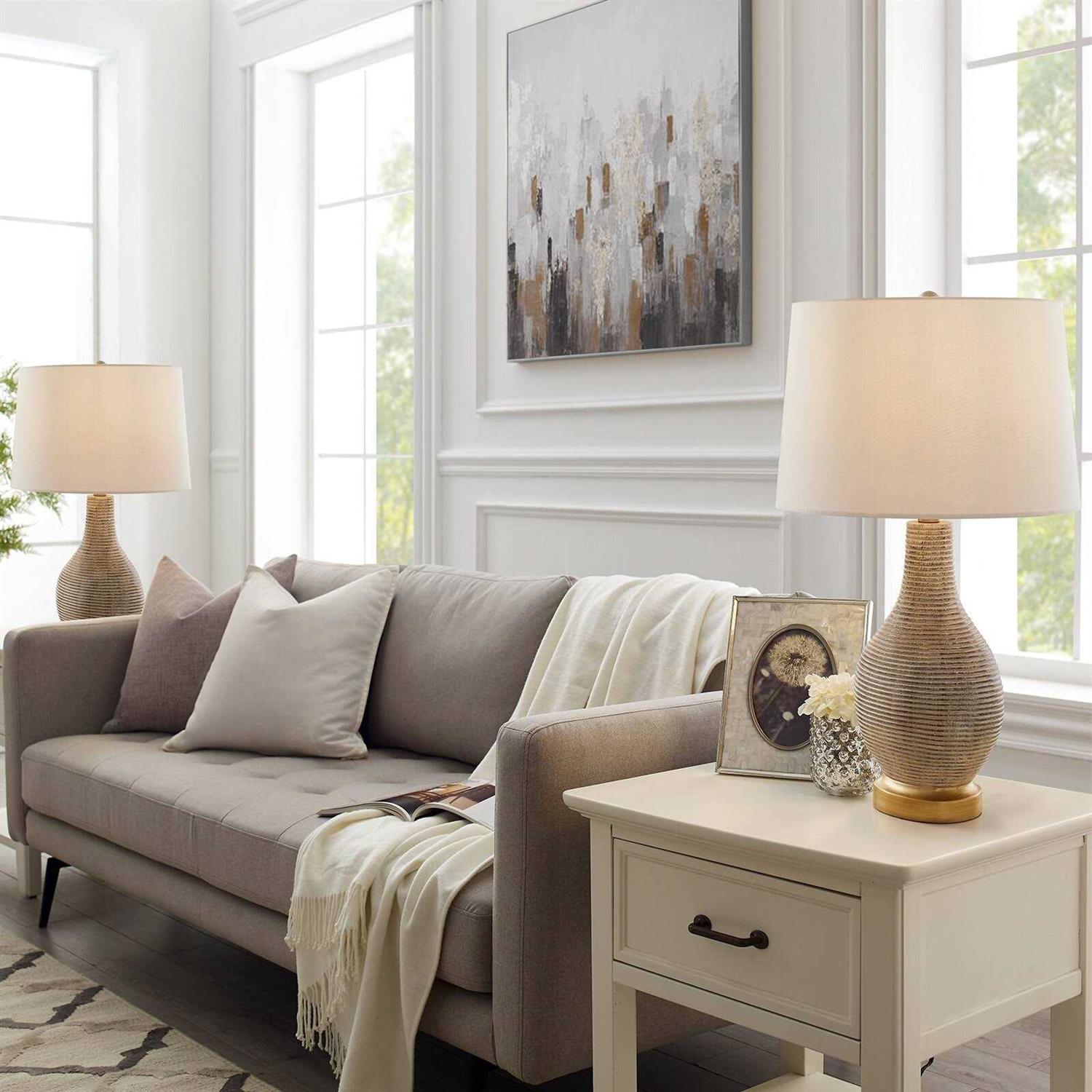 True Fine Richland 24.5 in. Beige/Gold Indoor Table Lamp Set with White Linen Shade 20030T-2PK