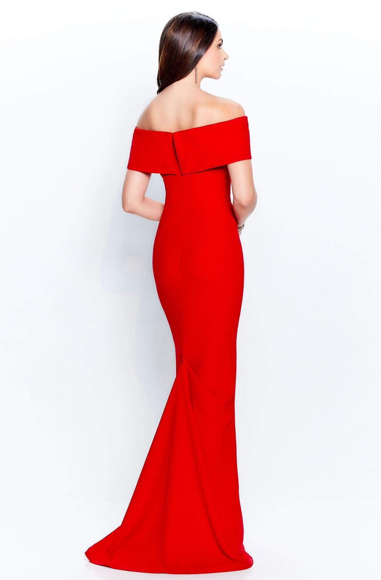 120905 Off Shoulder Brooch Accent Sheath Gown