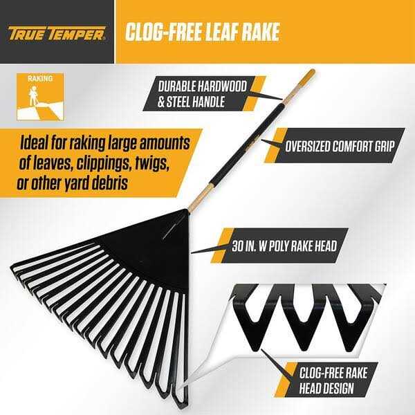 True Temper 48 in. Hardwood/Steel Handle Leaf Rake with 30 in. W Clog-Free Tines for Leaves, Grass, Twigs, Pine Needles and More