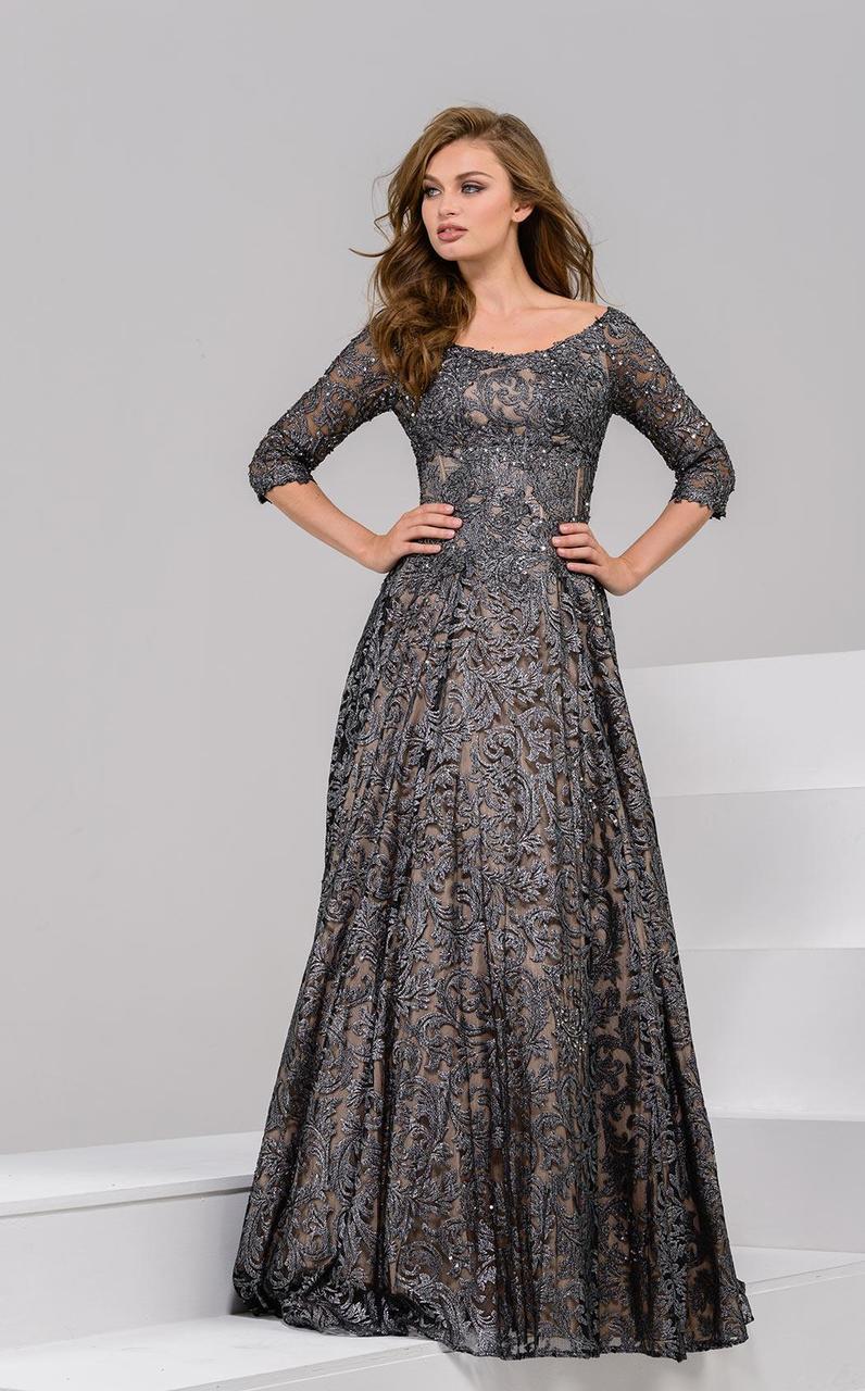 37938 Scoop Quarter Length Sleeves A Line Gown