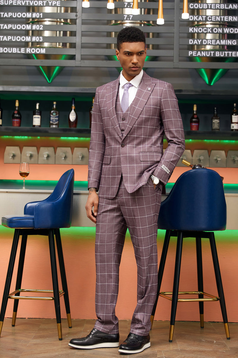 Men’s Stacy Adam’s One Button Vested Modern Fit Suit in Lavender Windowpane Plaid
