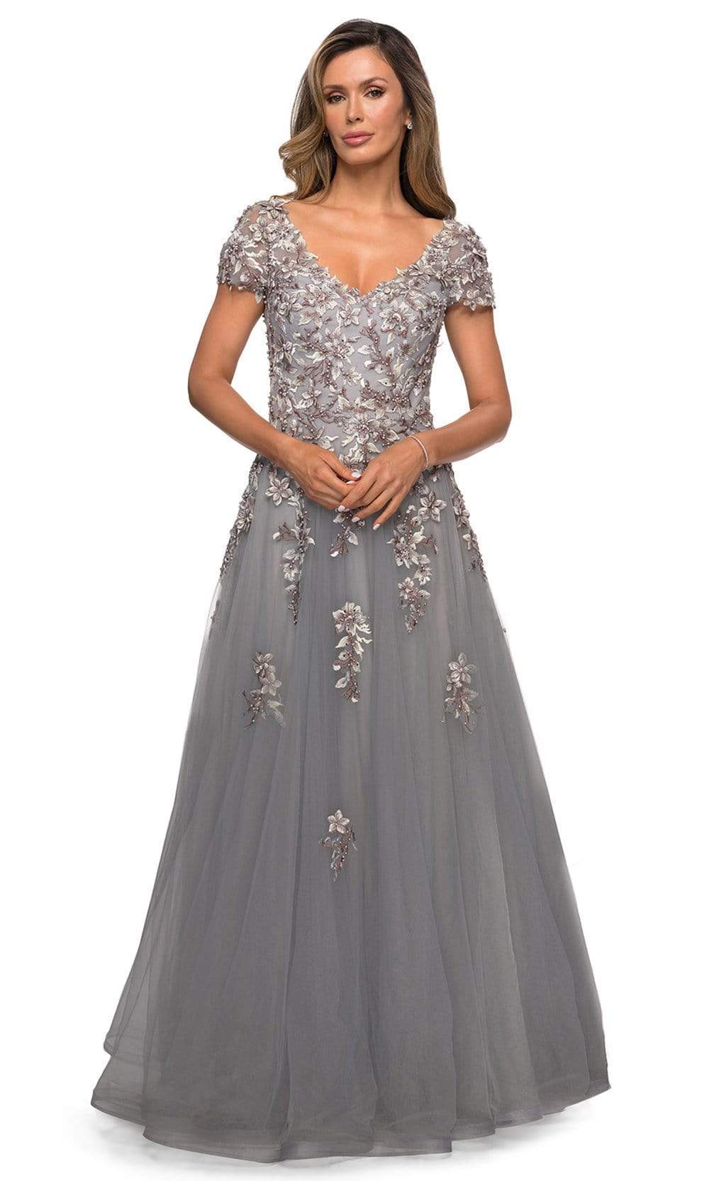 27968 V Neck Lace Appliques Evening Gown