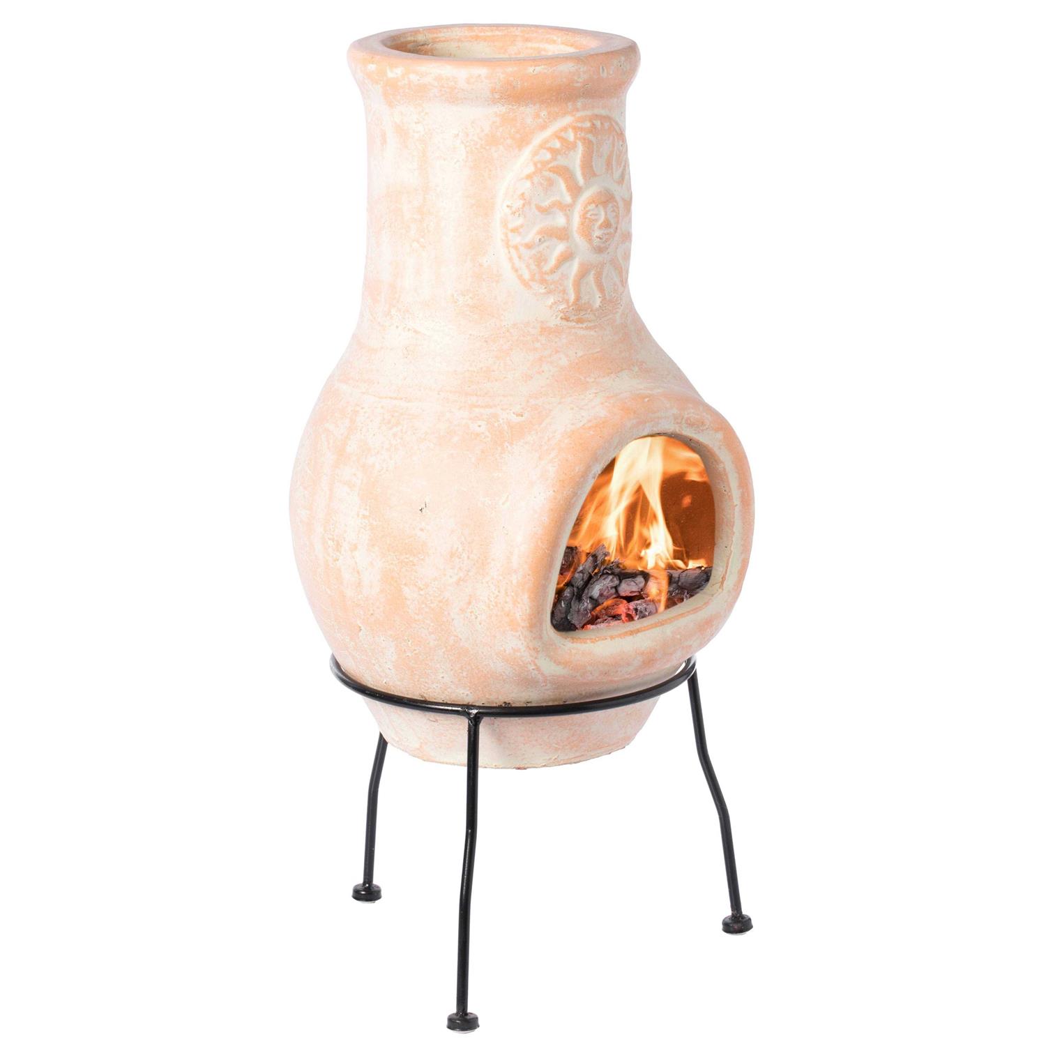 Vintiquewise Beige Outdoor Clay Chimney Outdoor Fireplace Sun Design Charcoal Burning Fire Pit with Sturdy Metal Stand