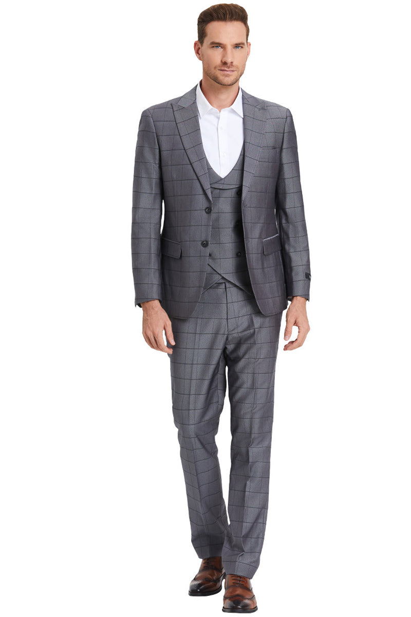 Men’s Two Button Vested Peak Lapel Sharkskin Suit in Charcoal Grey Windowpane Plaid