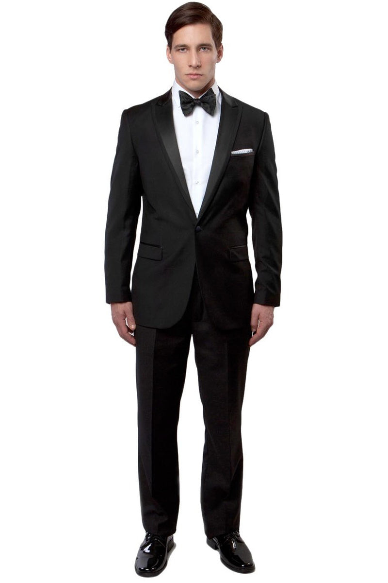 Men’s Slim Fit One Button Satin Trim Peak Lapel Prom & Wedding Tuxedo in Black