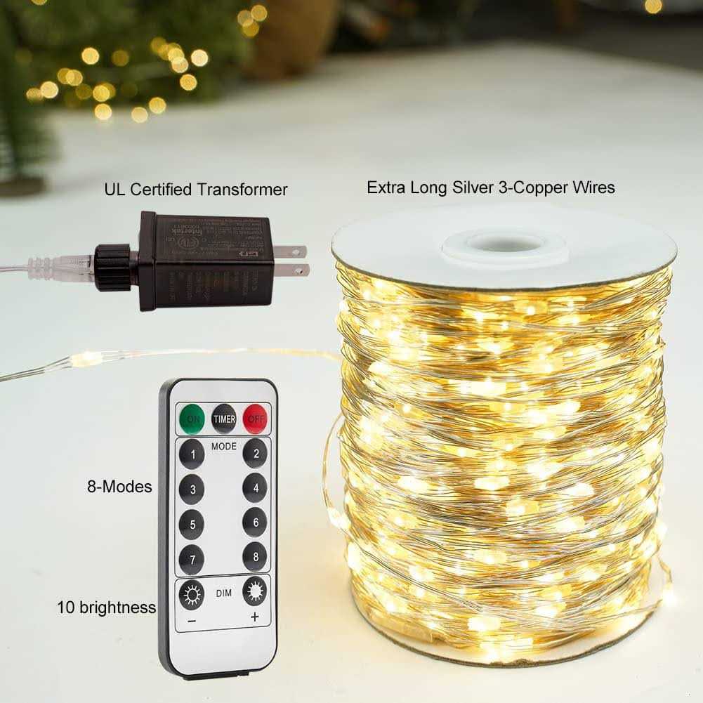 ZELUXDOT 600 leds String Lights Fairy String Lights 200ft Long Outdoor Waterproof Copper String Lights with Remote 8 Modes for Bedroom