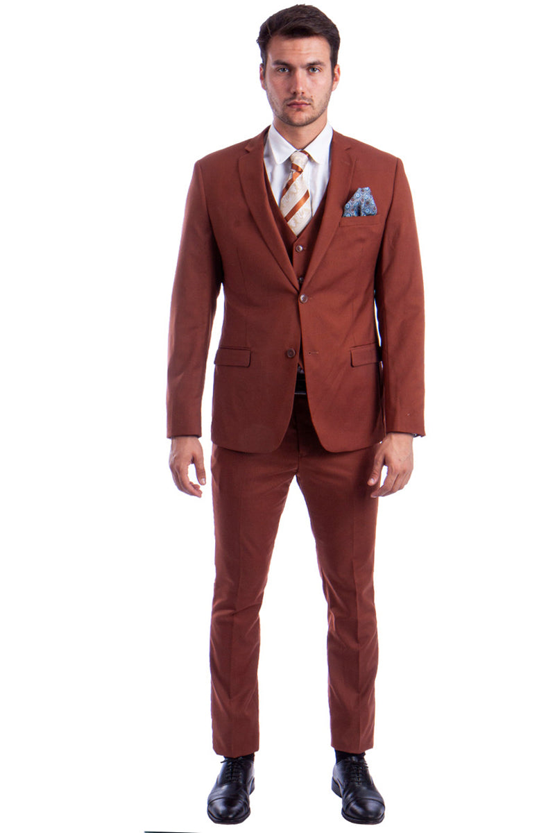 Men’s Two Button Slim Fit Vested Solid Basic Color Suit in Light Brown Rust